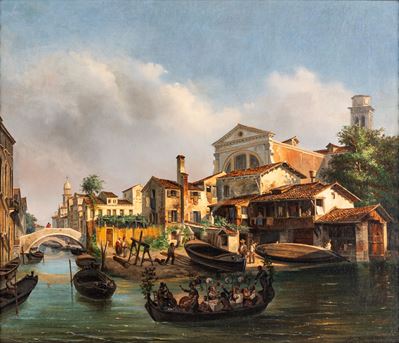 Lo Squero di San Trovaso con Veneziani che Celebrano la Festa del Redentore