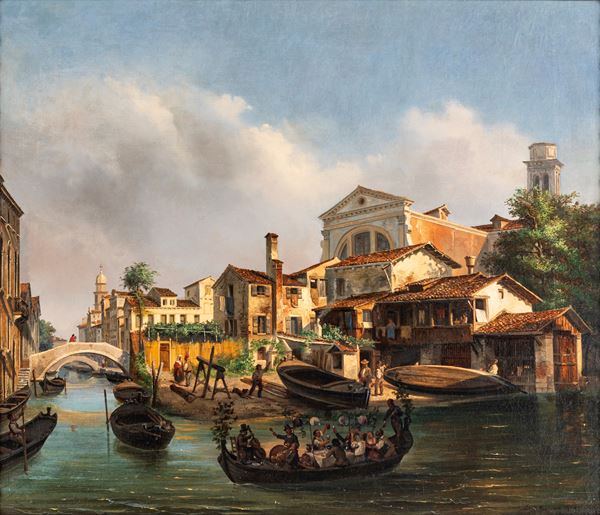 Luigi Querena - Lo squero di San Trovaso con veneziani che celebrano la festa del Redentore