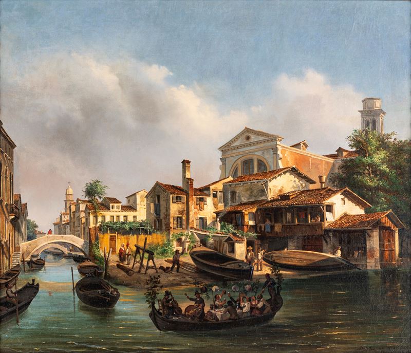 Luigi Querena - Lo Squero di San Trovaso con Veneziani che Celebrano la Festa del Redentore