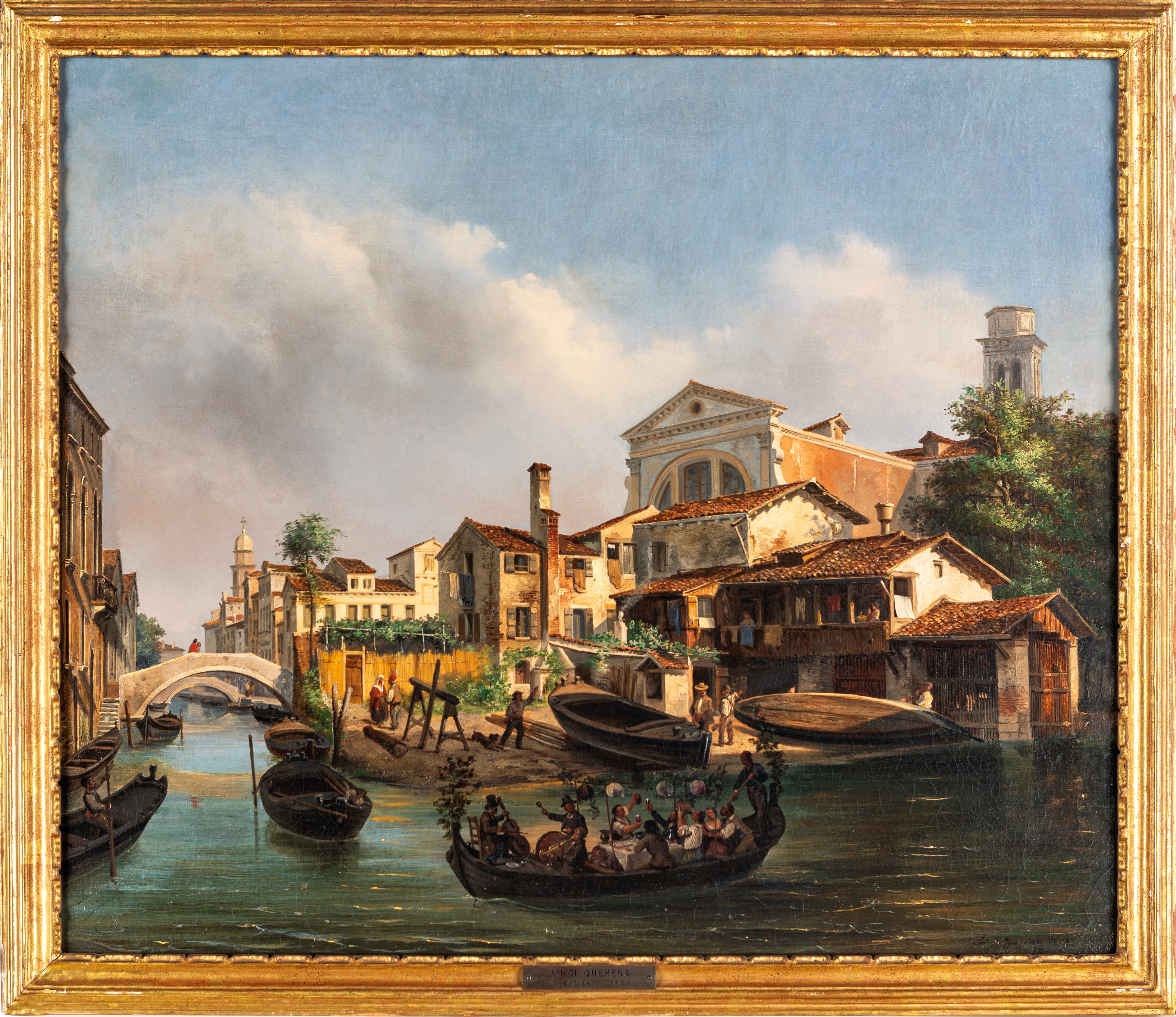 Luigi Querena - Lo Squero di San Trovaso con Veneziani che Celebrano la Festa del Redentore