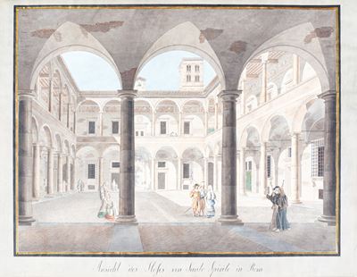 Veduta del cortile di Santo Spirito a Roma, acquerello su carta