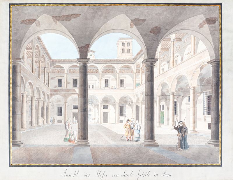 Johann Gottfried Gutensohn - Veduta del cortile di Santo Spirito a Roma, acquerello su carta