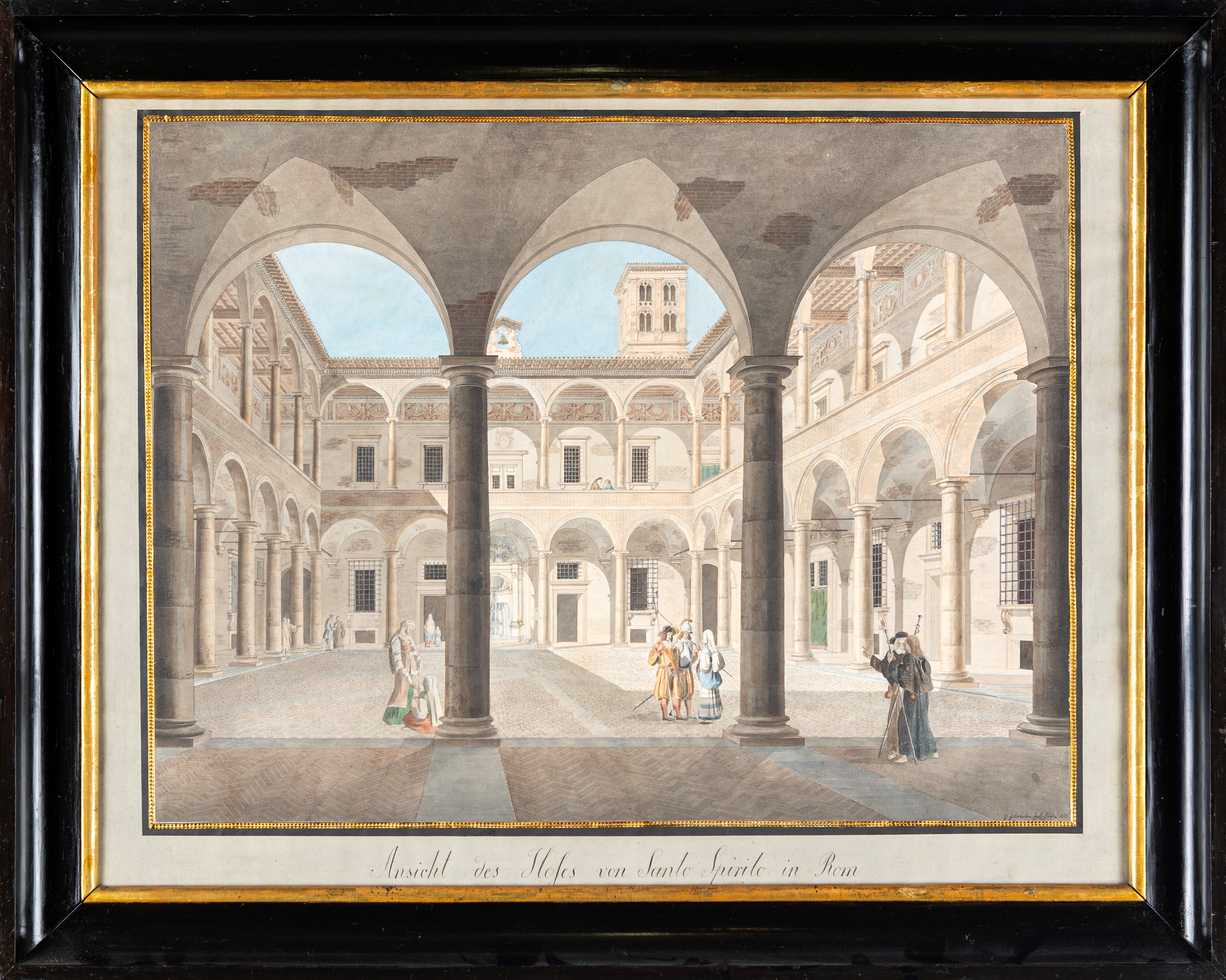 Johann Gottfried Gutensohn - Veduta del cortile di Santo Spirito a Roma, acquerello su carta