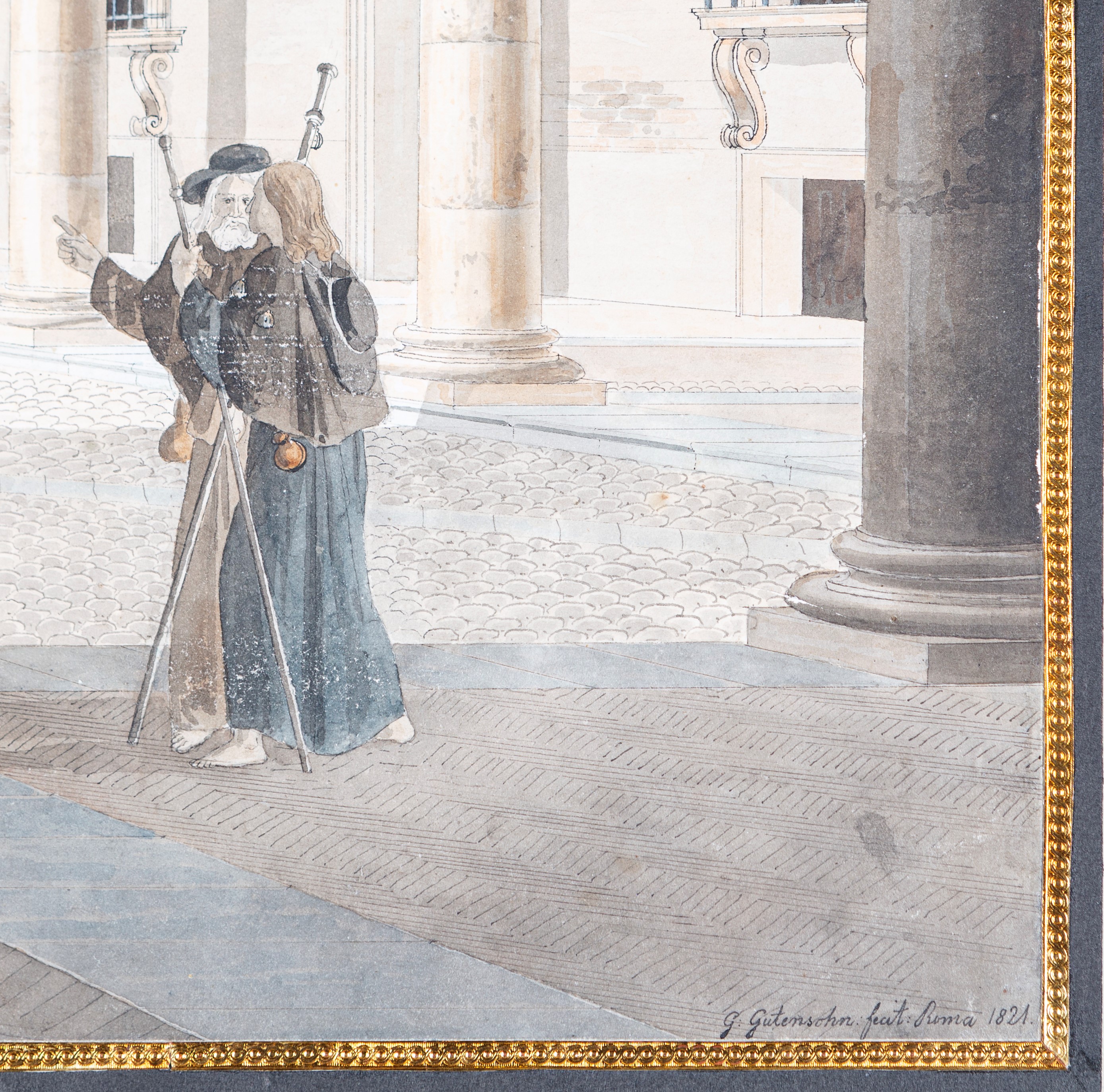 Johann Gottfried Gutensohn - Veduta del cortile di Santo Spirito a Roma, acquerello su carta