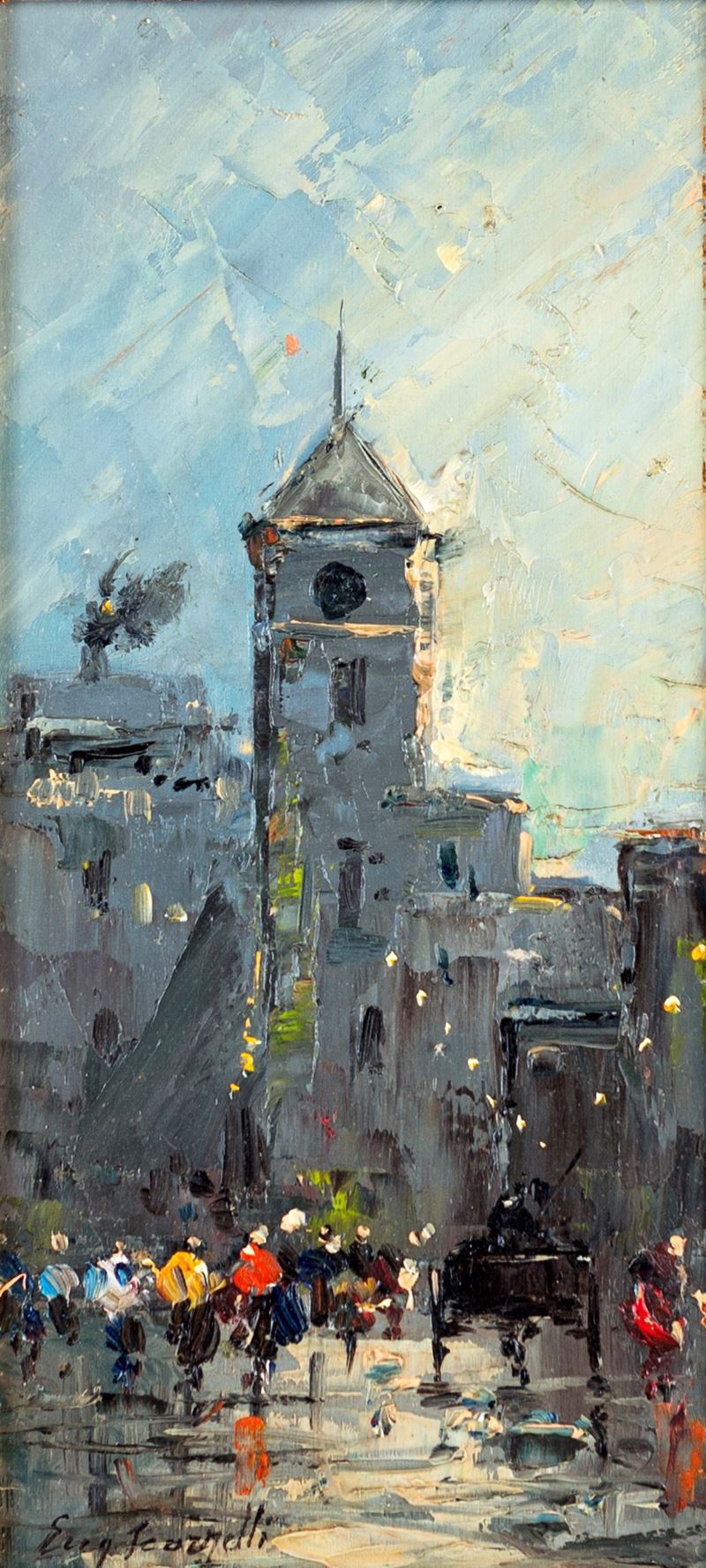 Eugenio Scorzelli - Scorcio di Paese con Figure