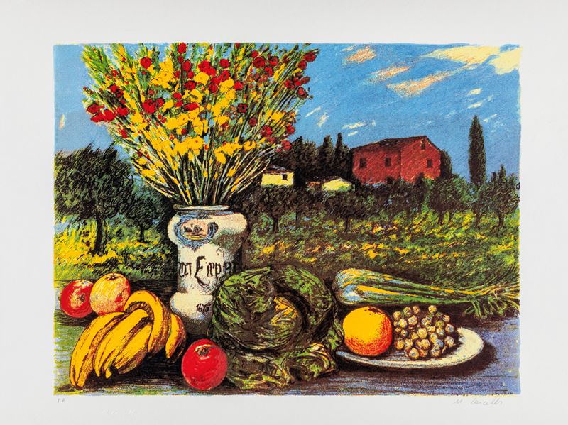 Michele Cascella - Natura Morta con Vaso in Ceramica e Paesaggio