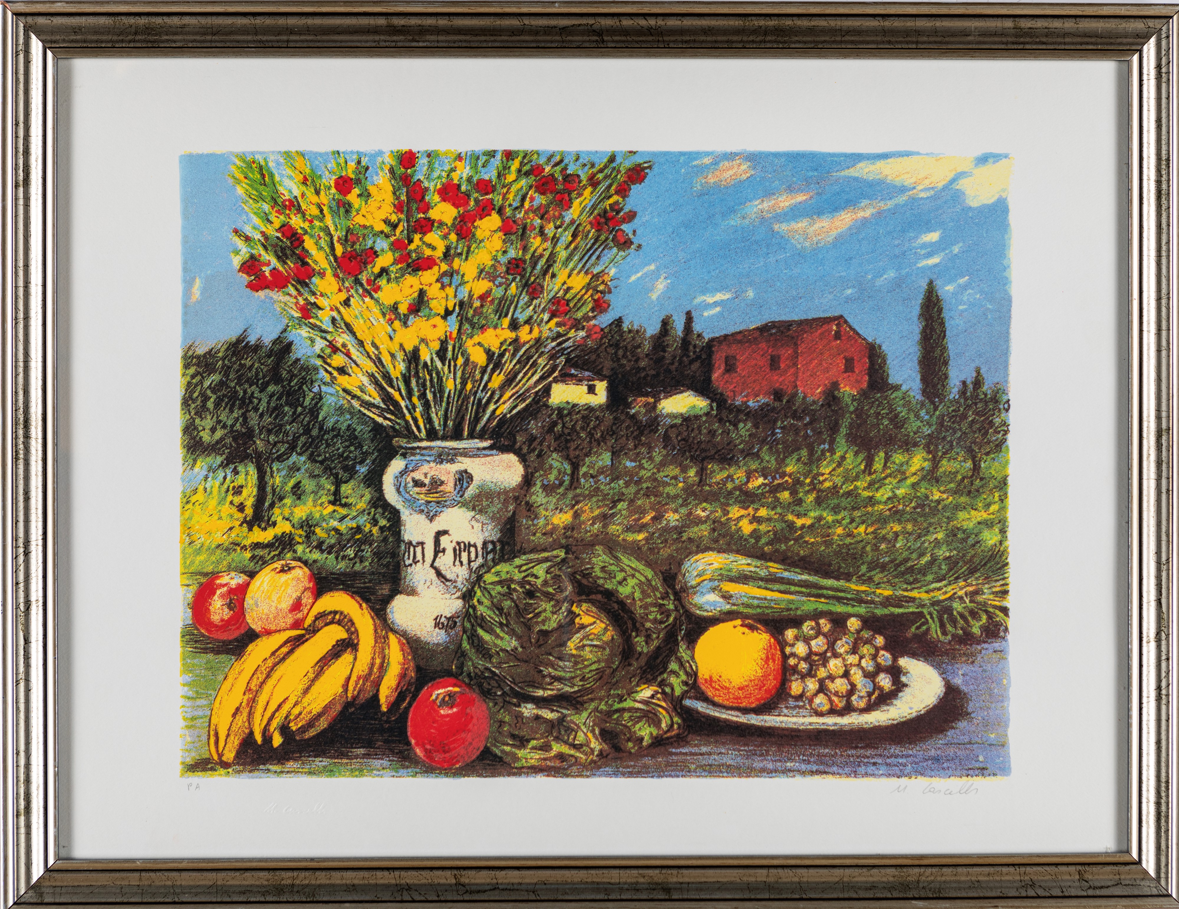 Michele Cascella - Natura Morta con Vaso in Ceramica e Paesaggio