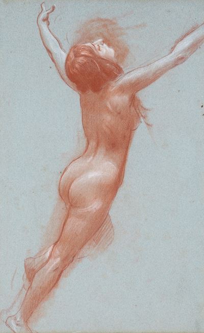 Studio di nudo femminile, sanguigna e biacca su carta azzurrina