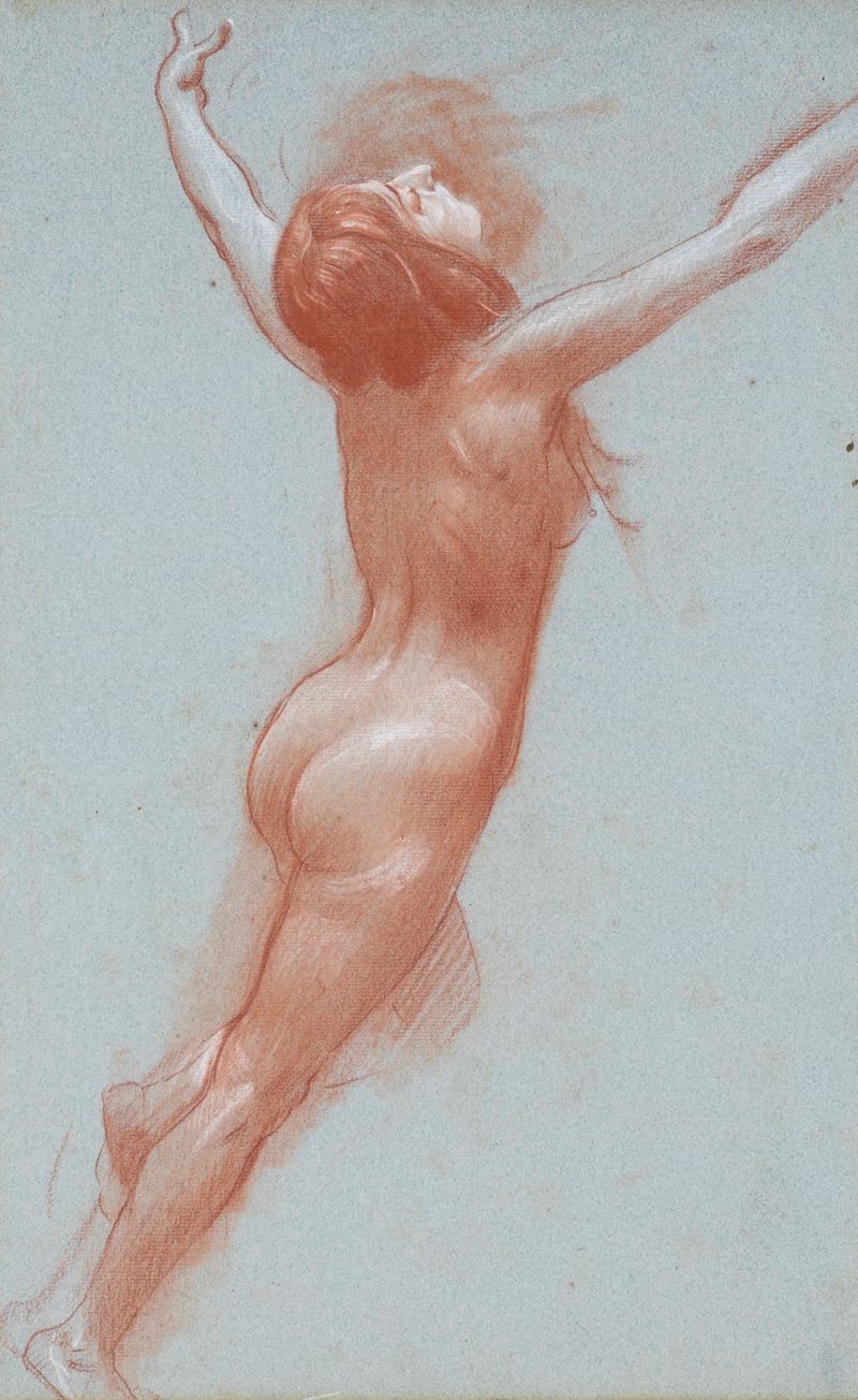 Adolf Hirémy-hirschl - Studio di nudo femminile, sanguigna e biacca su carta azzurrina