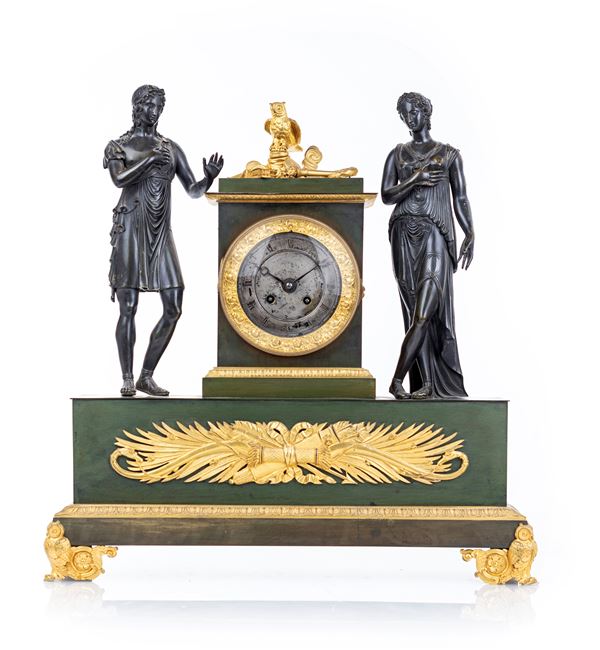 Orologio da camino in bronzo brunito e dorato, Francia, Carlo X