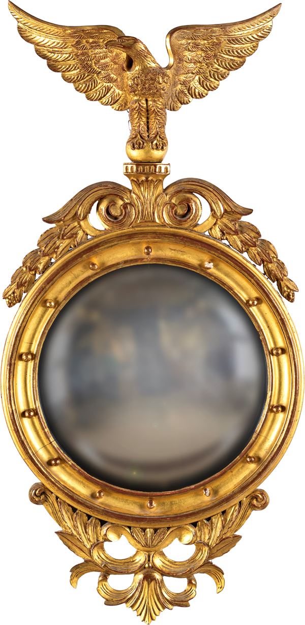 Specchiera "bull's eye" in legno dorato, Inghilterra, XIX secolo