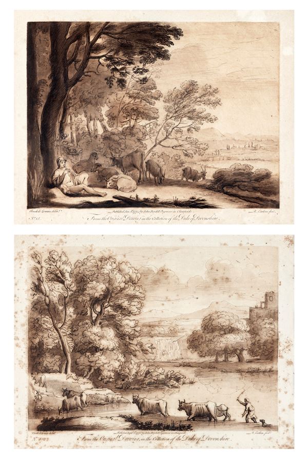 a) Paesaggio fluviale con armenti e pastore  b) Paesaggio bucolico con pastore che suona il flauto