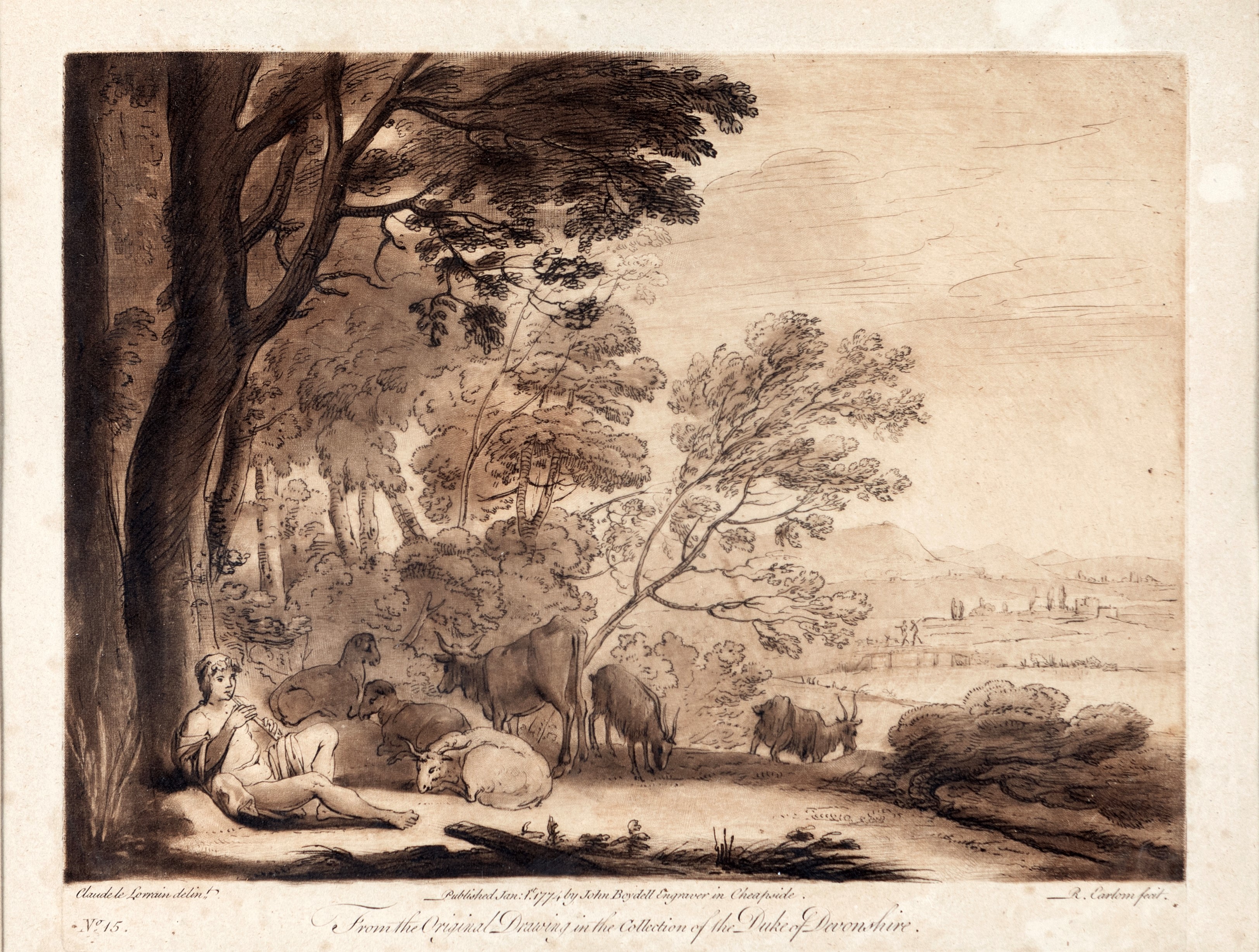 Claude Lorrain - Paesaggio fluviale con armenti e pastore che suona il flauto (acquaforte)