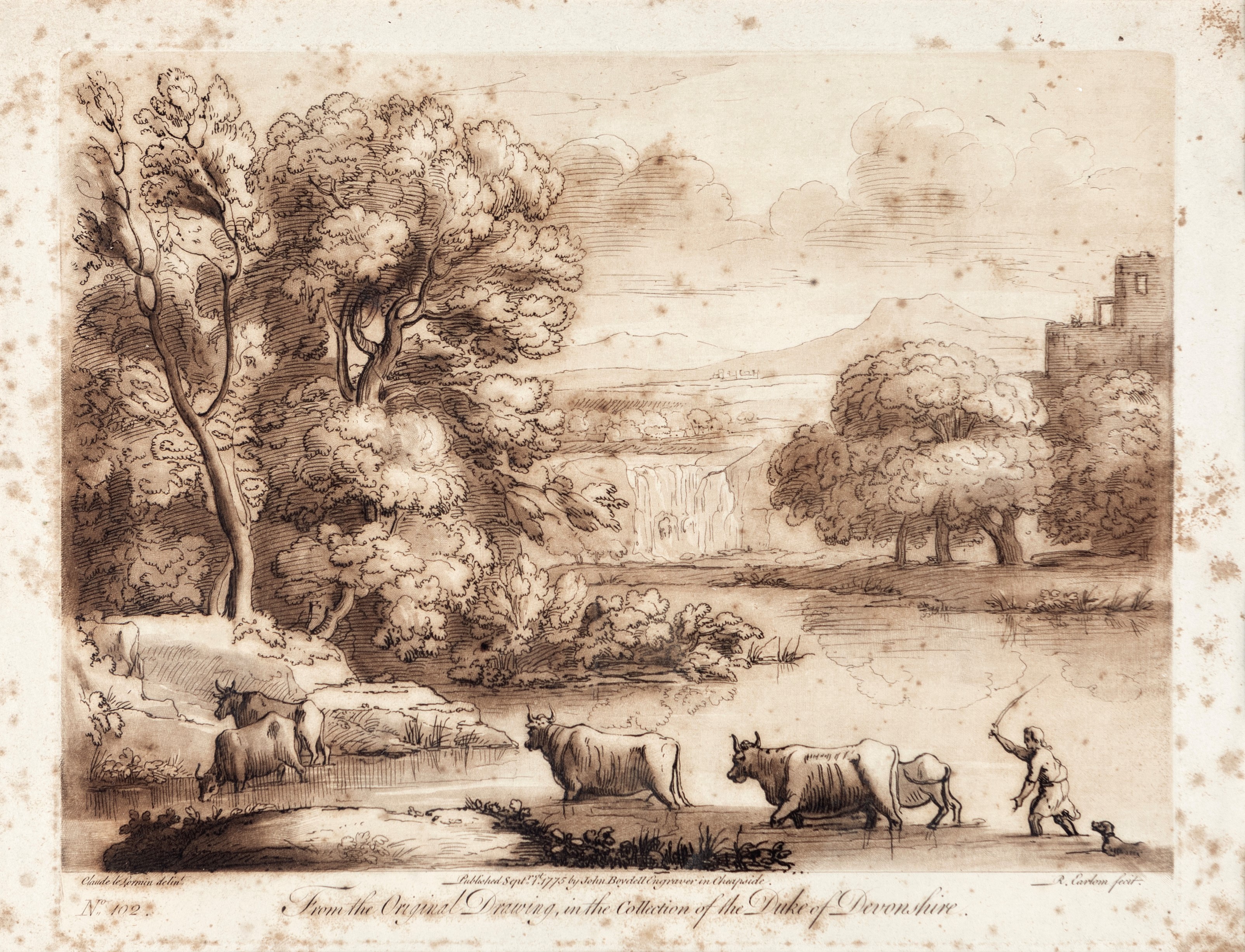 Claude Lorrain - Paesaggio fluviale con armenti e pastore che suona il flauto (acquaforte)