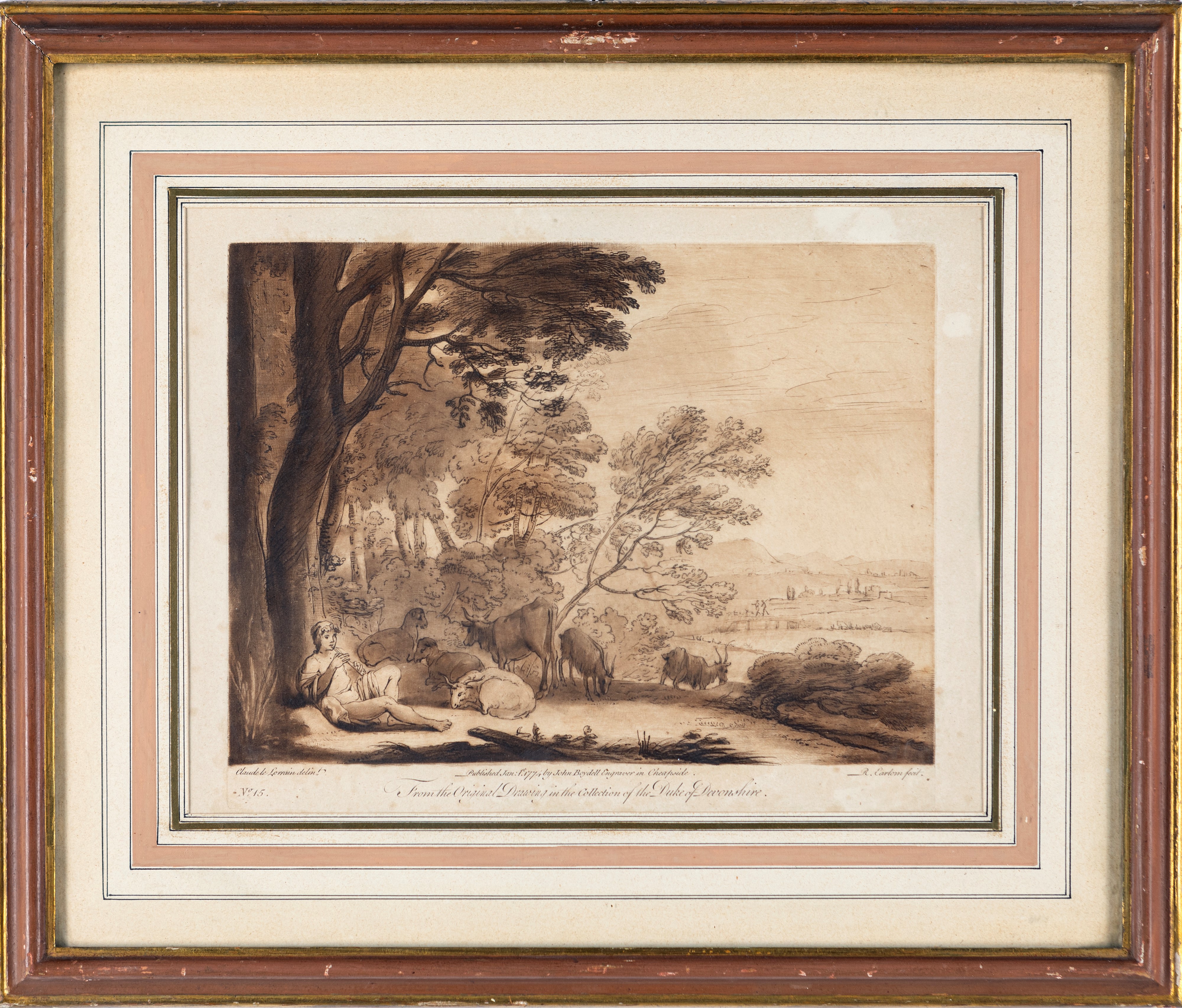 Claude Lorrain - Paesaggio fluviale con armenti e pastore che suona il flauto (acquaforte)