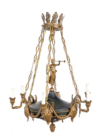 Lampadario di Gusto Impero in Metallo e Bronzo, XIX Secolo