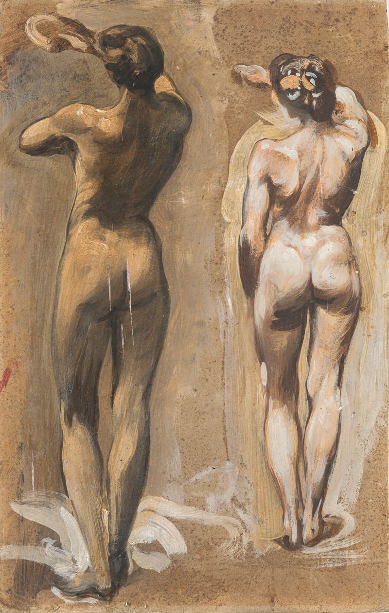 Adolfo De Carolis - Studio di nudi, olio su cartoncino