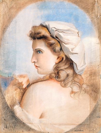 Ritratto di donna in pastelli e matita su carta