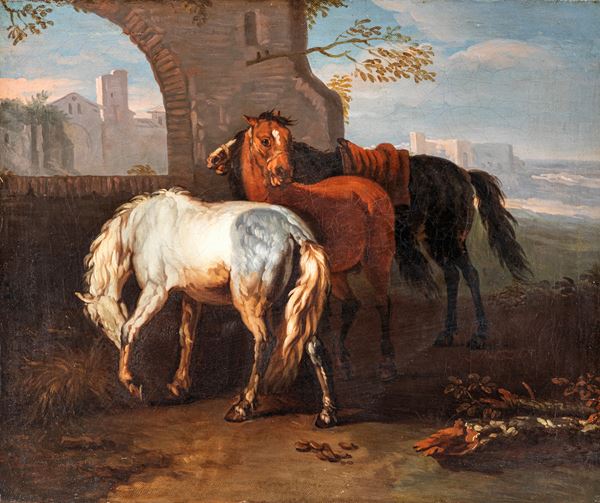 Pieter Van Bloemen attribuito a - La sosta dei cavalli