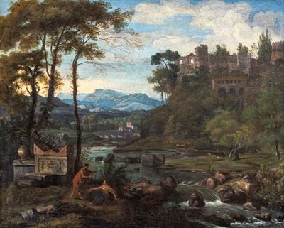 Paesaggio Lacustre con Personaggi e Bassorilievo Antico