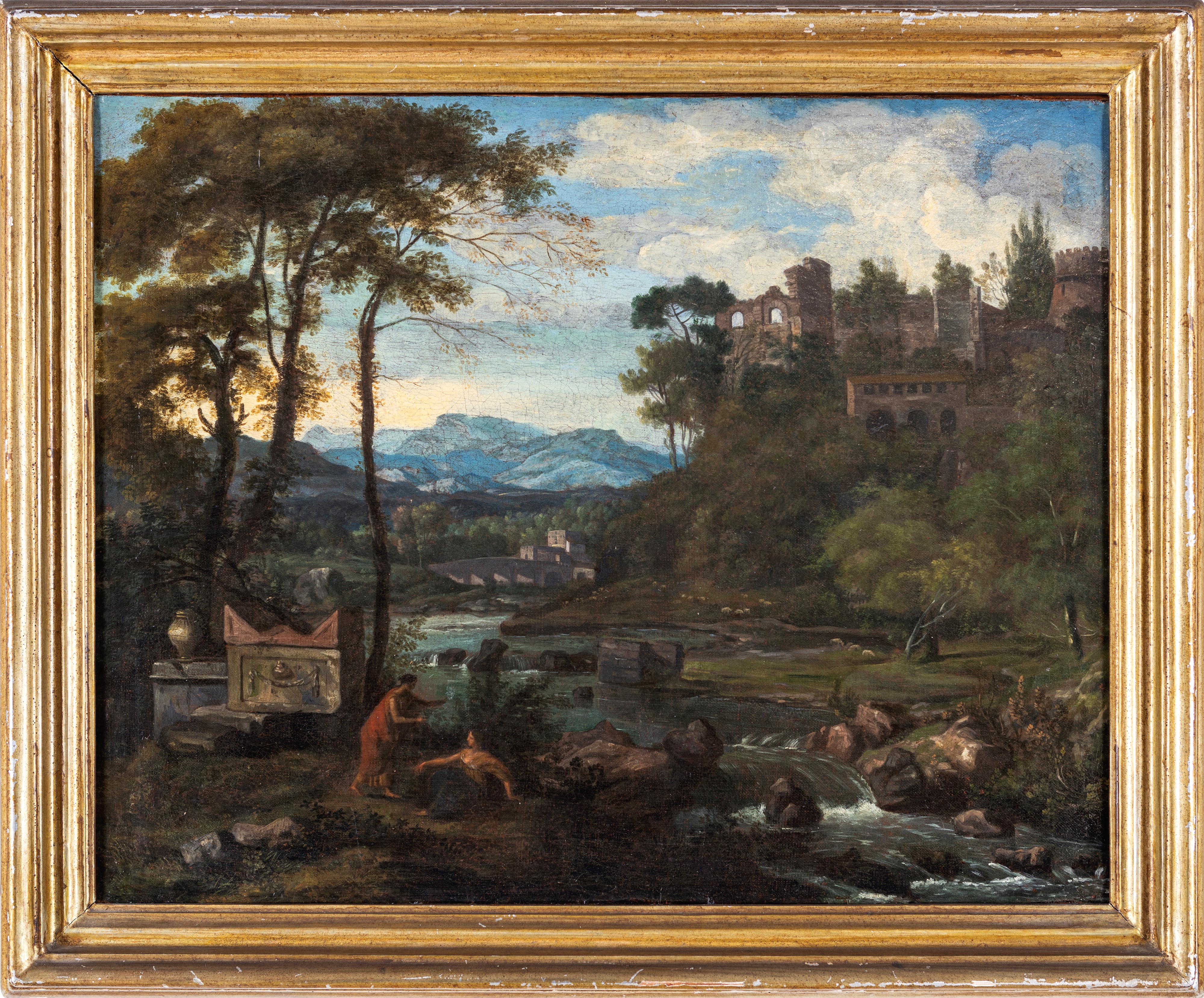 Gaspard Dughet - Paesaggio Lacustre con Personaggi e Bassorilievo Antico