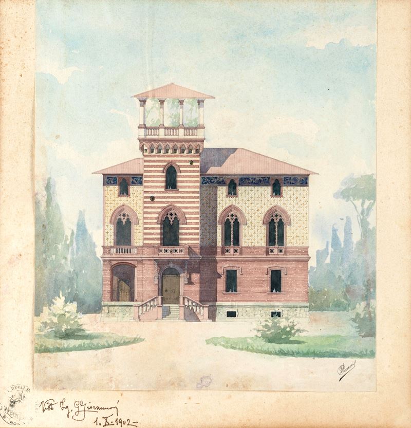 Quadrio Ferruccio Pirani - Progetto per Villino con giardino, acquarello su carta, 1902