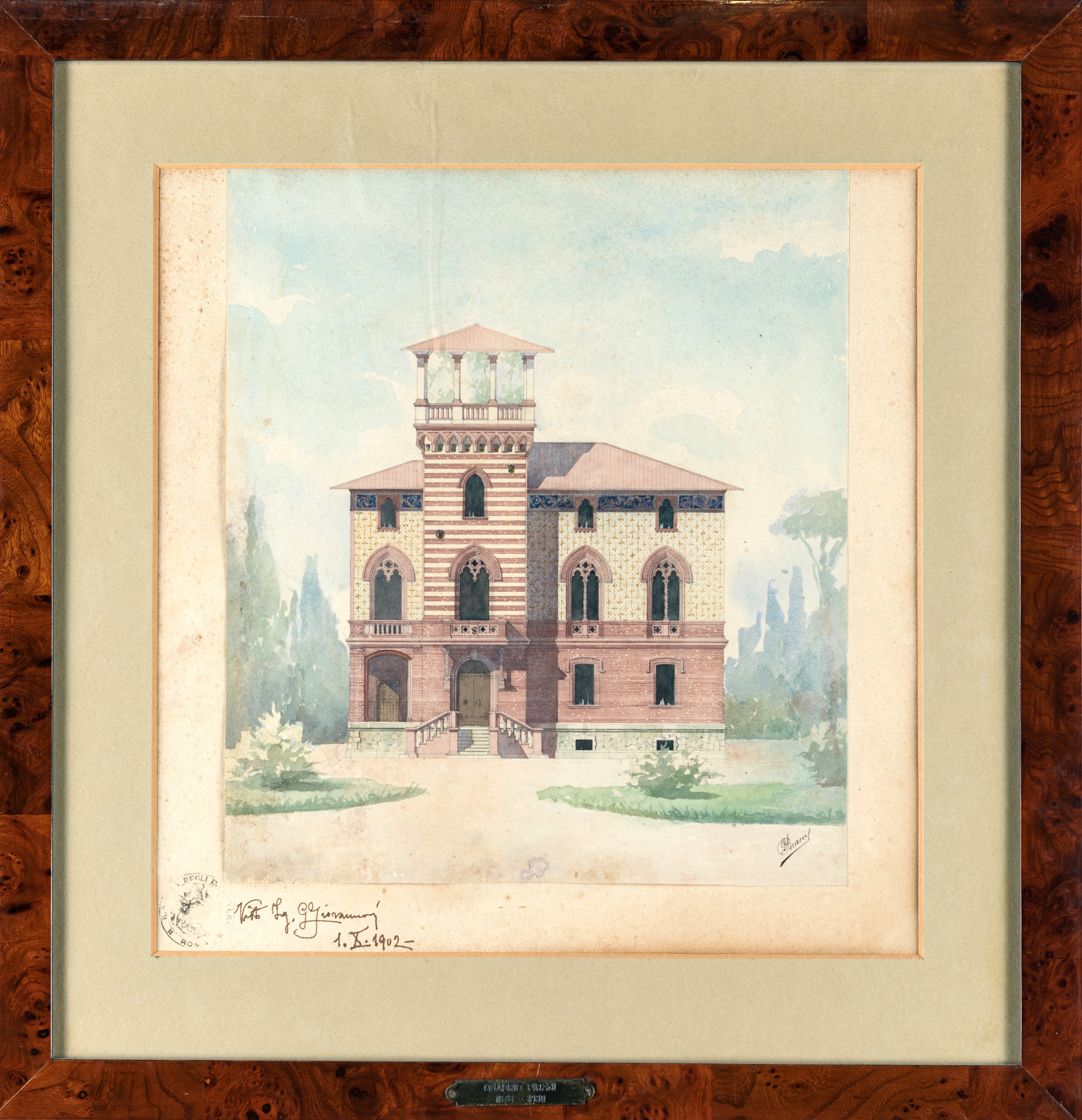 Quadrio Ferruccio Pirani - Progetto per Villino con giardino, acquarello su carta, 1902