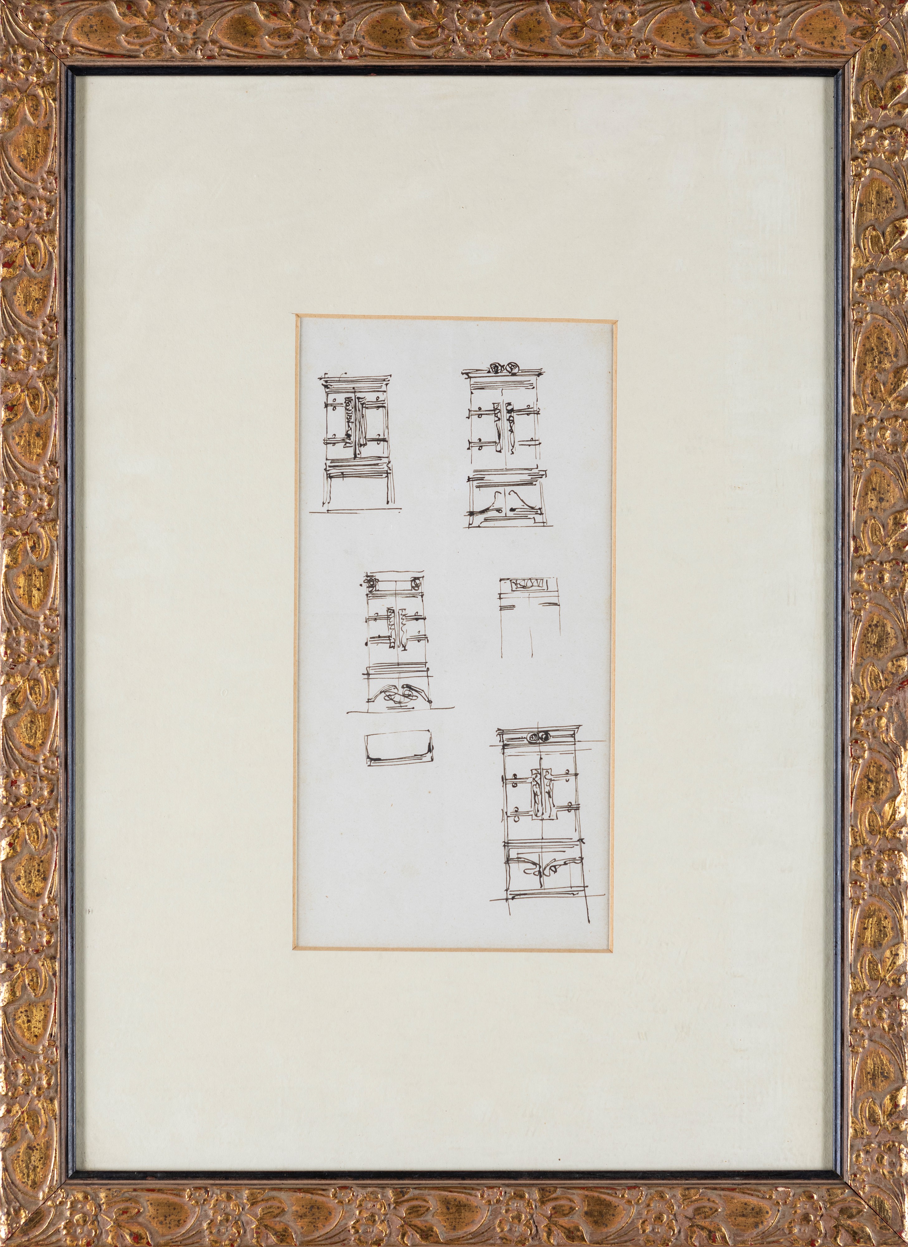 Ernesto Basile - Studi per secrétaire, china su carta