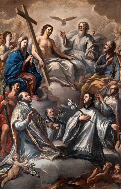 La Trinità in Gloria con la Madonna, San Giuseppe, San Giovanni Battista, Sant'ignazio di Loyola,...