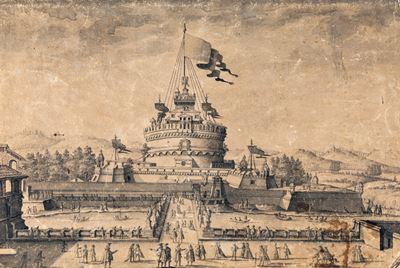Scuola italiana del XVIII secolo, Veduta di Castel Sant'Angelo, China e inchiostro acquerellato s...