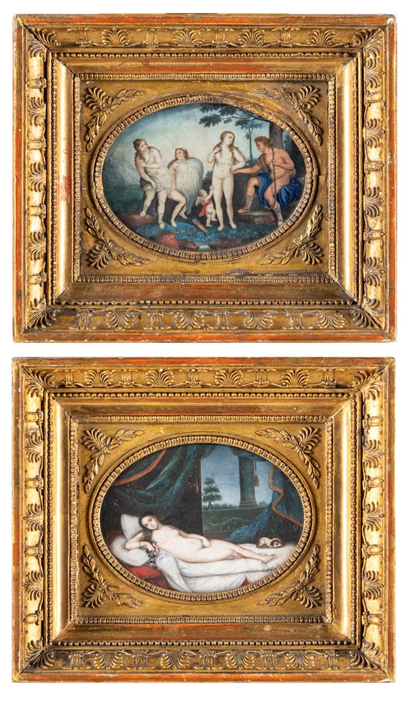 Miniaturista del XVIII secolo - a) Giudizio di Paride  b) Venere di Urbino (da Tiziano Vecellio)