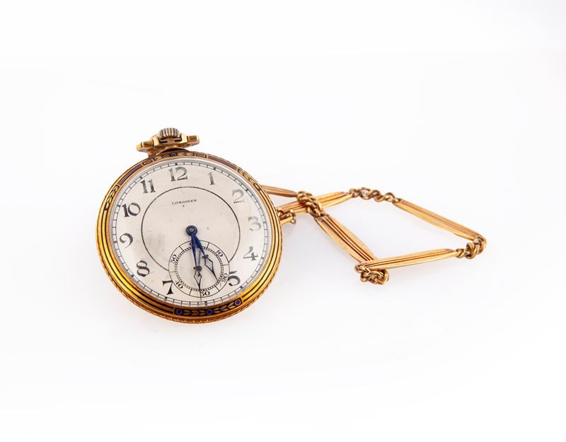 Longines - Orologio da Tasca da Uomo in Oro 18 Kt e Smalto con Catena in Metallo. Meccanica e Qua...