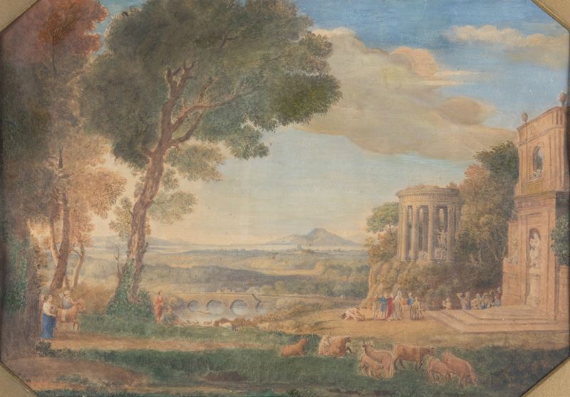 Salomon Corrodi - Paesaggio con figure e Tempio, tempera, acquerello e matita su cartoncino