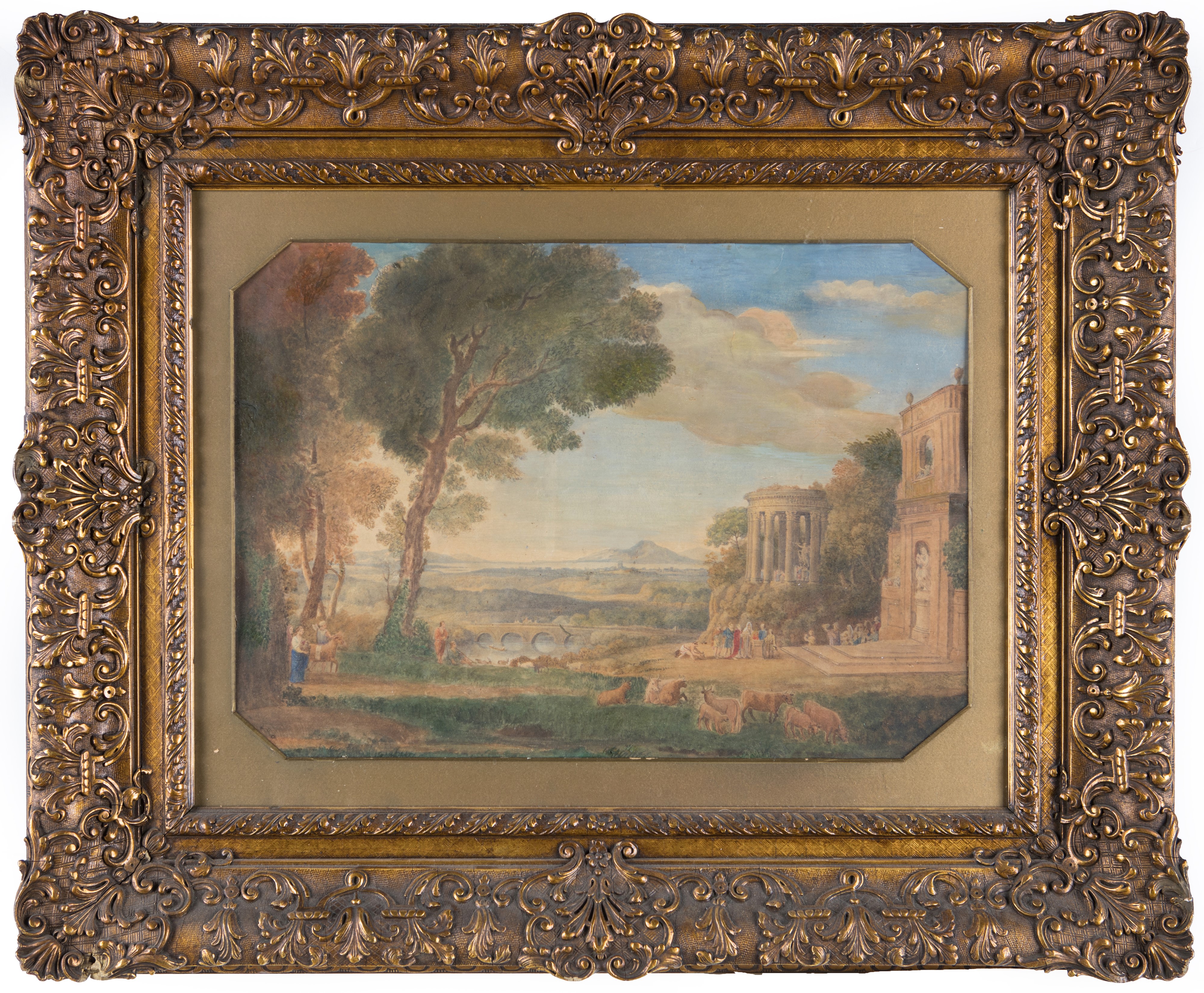 Salomon Corrodi - Paesaggio con figure e Tempio, tempera, acquerello e matita su cartoncino