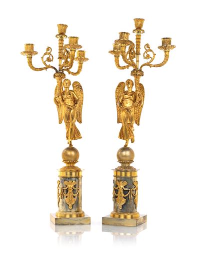 Coppia di Candelabri in Bronzo Dorato a Quattro Luci, Francia, Epoca Impero