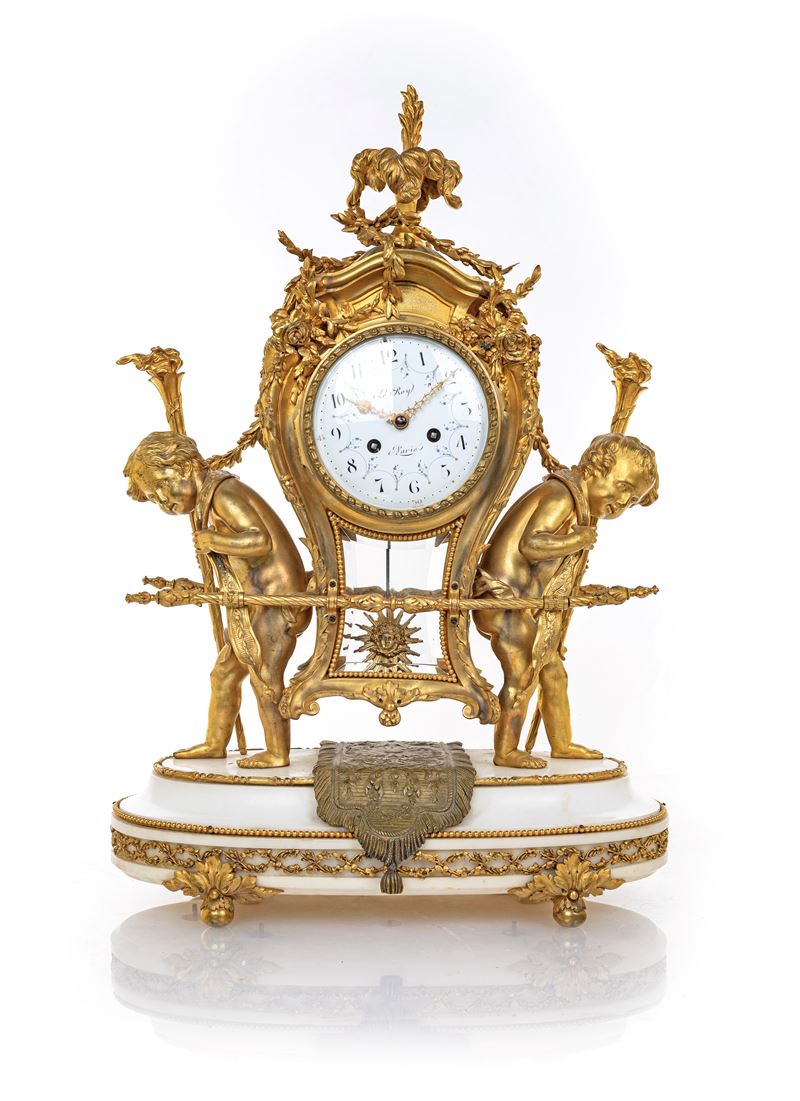Pendola in Bronzo e Marmo Bianco a Forma di Portantina, Fine del XIX Secolo