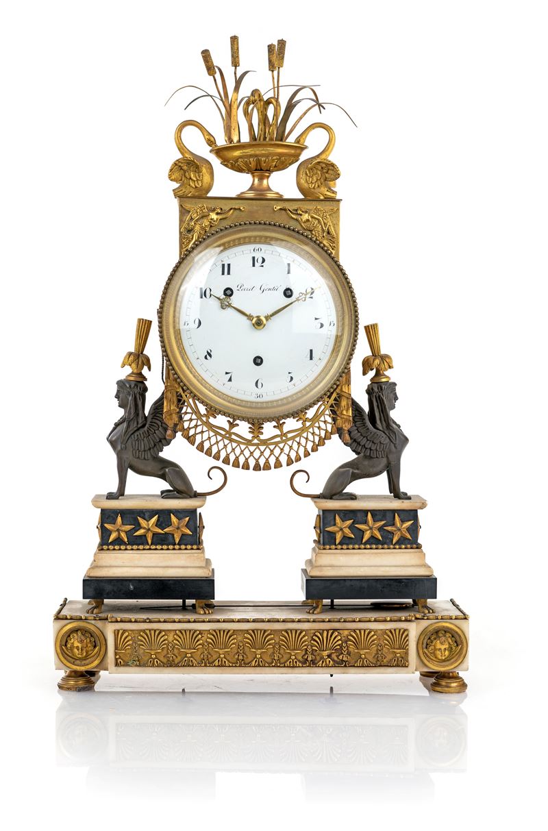 Orologio in Bronzo Brunito e Dorato D'epoca Direttorio Caratterizzato da Sfingi