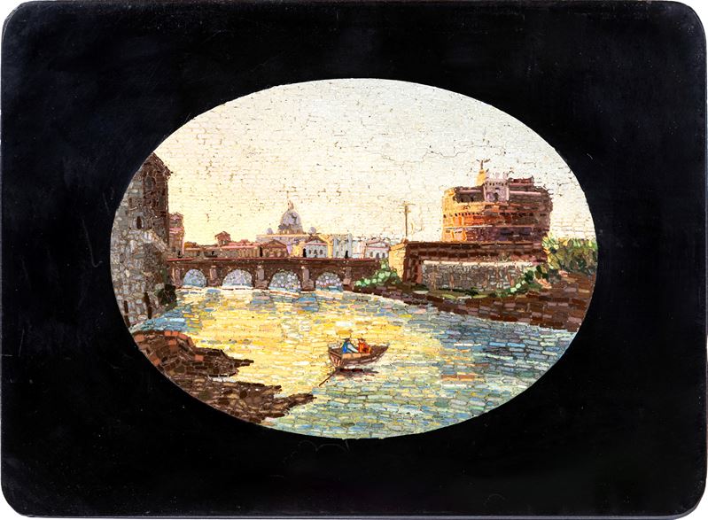 Placca in Marmo Nero con Mosaico Minuto Raffigurante Veduta di Roma, Seconda Metà del XIX Secolo