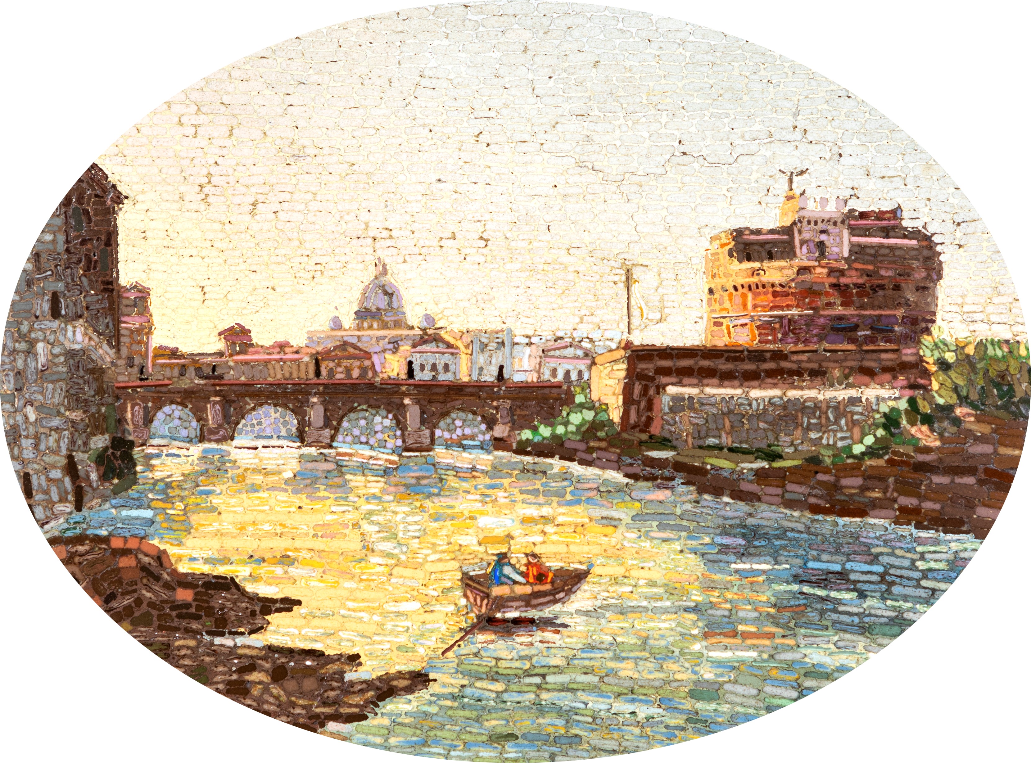 Placca in Marmo Nero con Mosaico Minuto Raffigurante Veduta di Roma, Seconda Metà del XIX Secolo