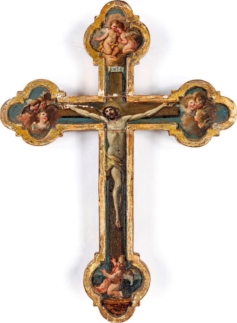 Scuola Romana del XVIII Secolo - Croce Processionale in Legno Dipinto e Dorato
