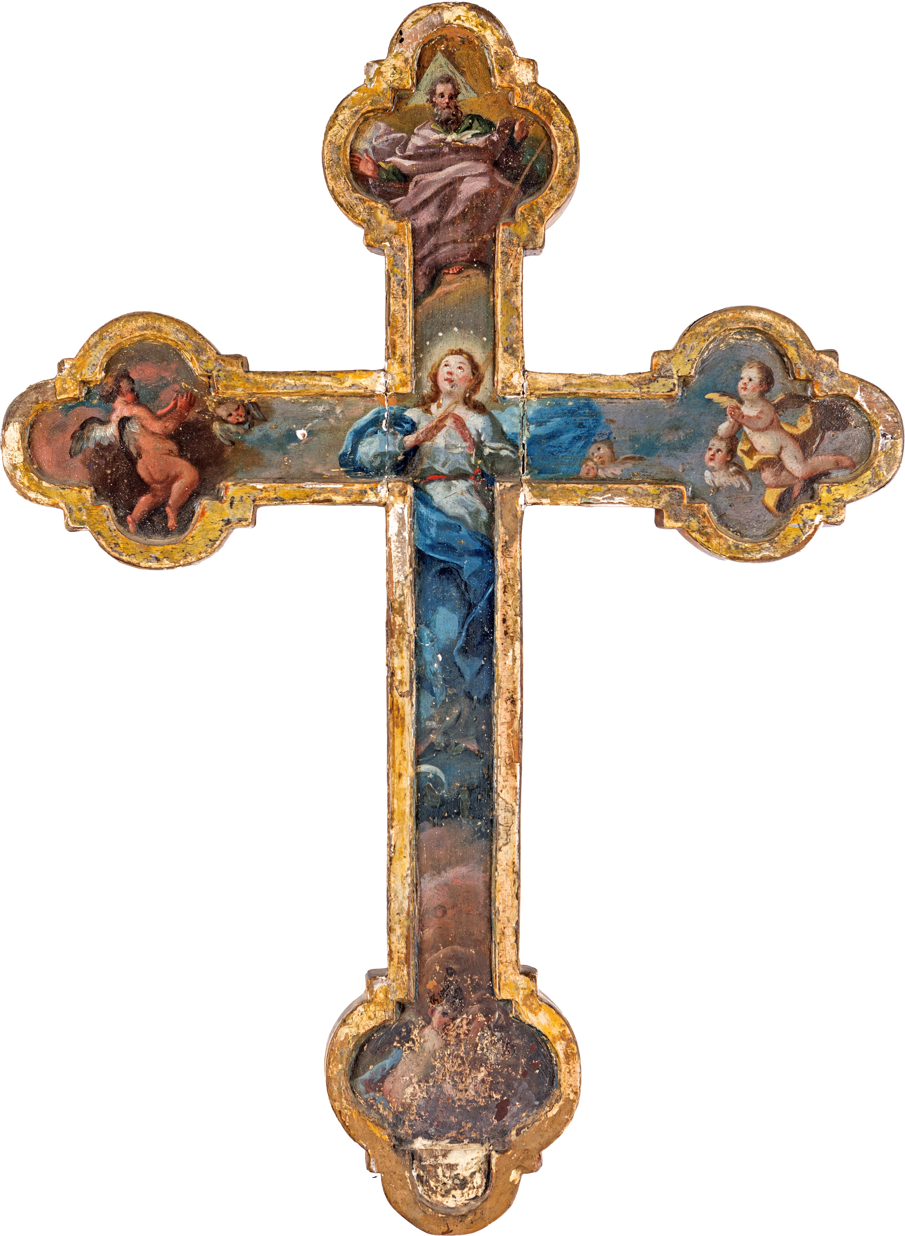 Scuola Romana del XVIII Secolo - Croce Processionale in Legno Dipinto e Dorato