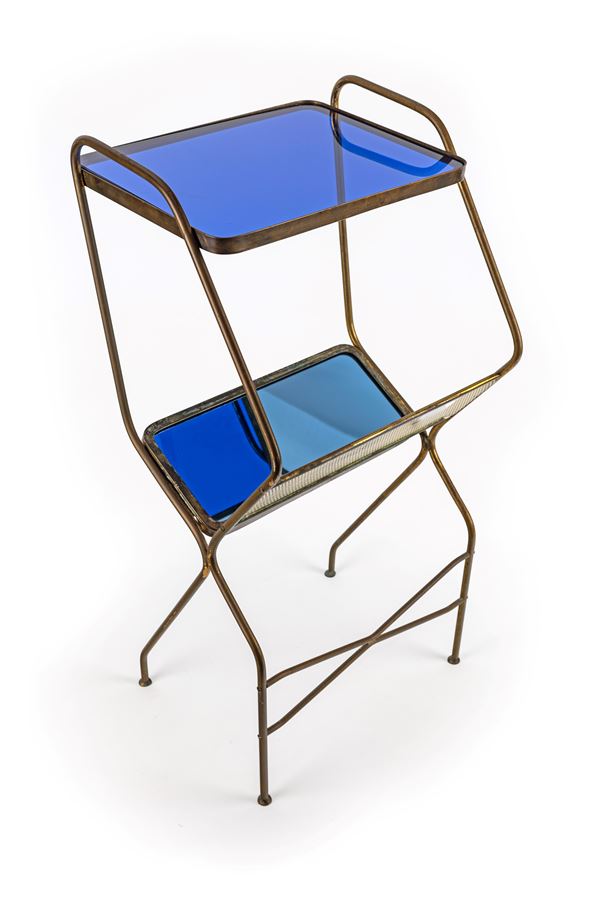 Piccola etagère in ottone, metallo, vetro temperato blu e specchio
