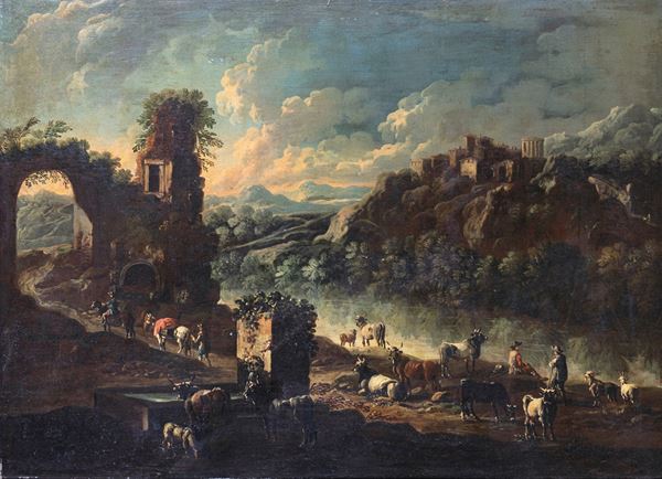 Cajetan  Roos - Veduta di Tivoli dall'Aniene con le rovine dell'acquedotto dell'Acqua Marcia