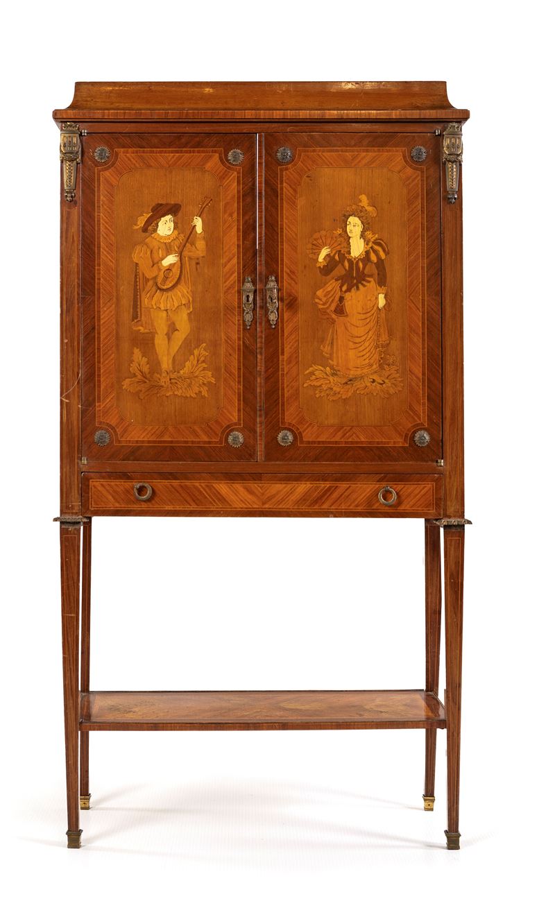 Mobile a Due Sportelli in Legno Intarsiato, Inghilterra, Fine del XIX/inizi del XX Secolo