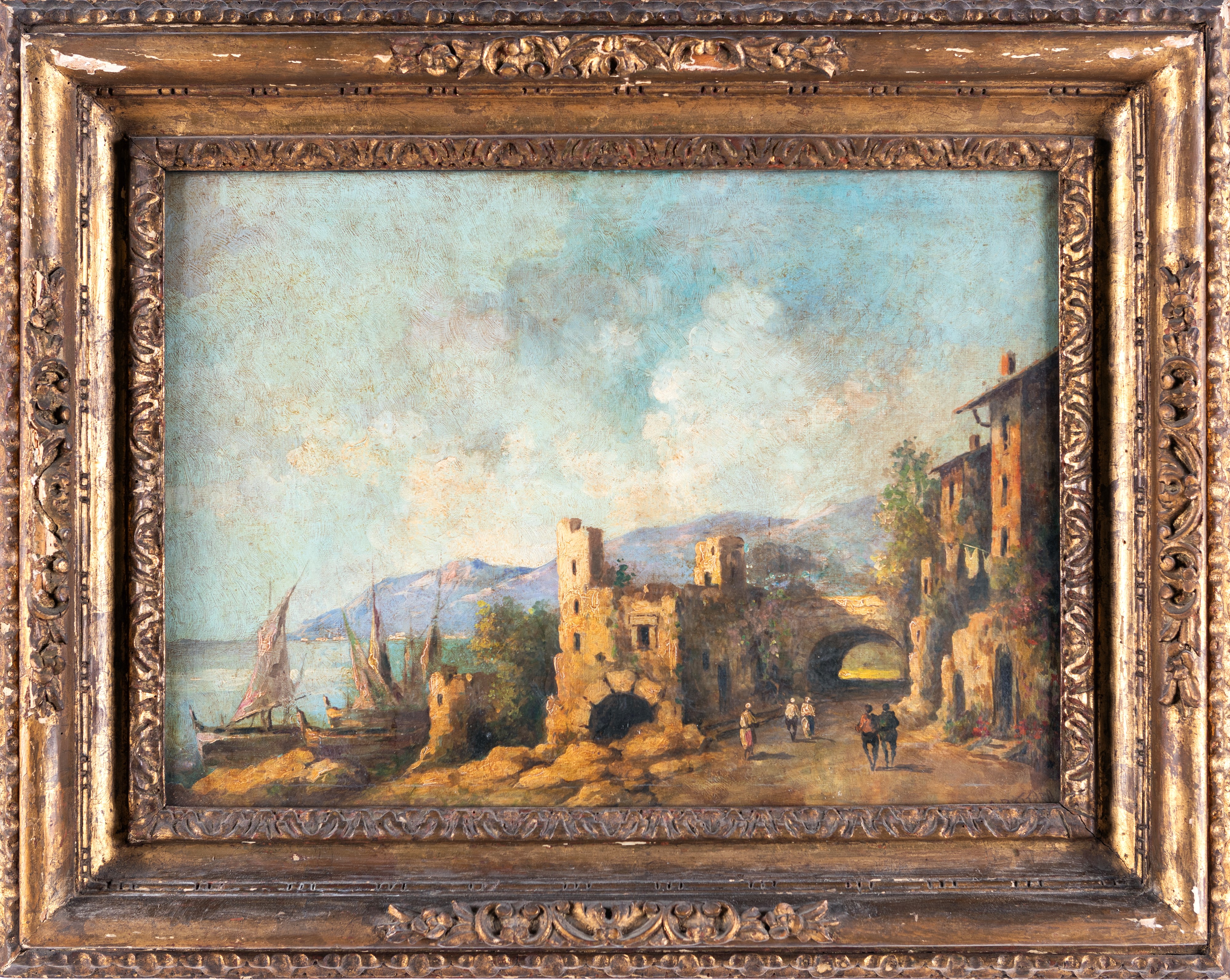 Veduta marina con ruderi e barche