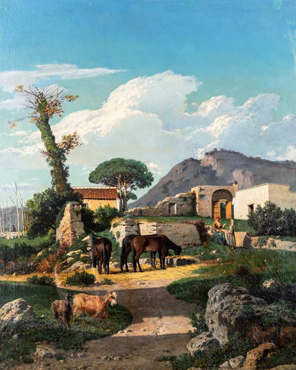 Nicola Palizzi - Casale con contadini e armenti