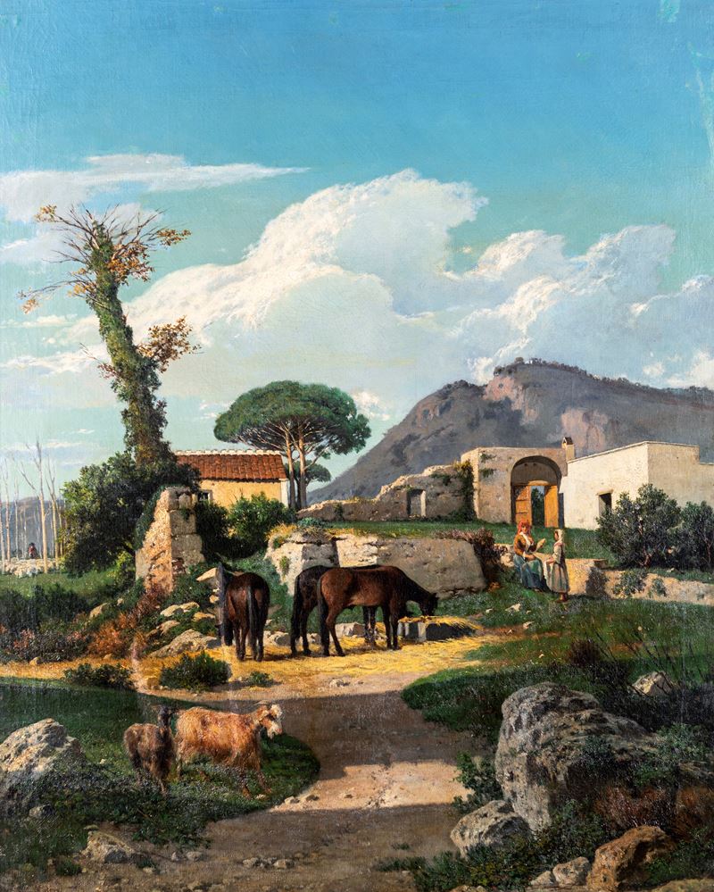 Nicola Palizzi - Casale con Contadini e Armenti