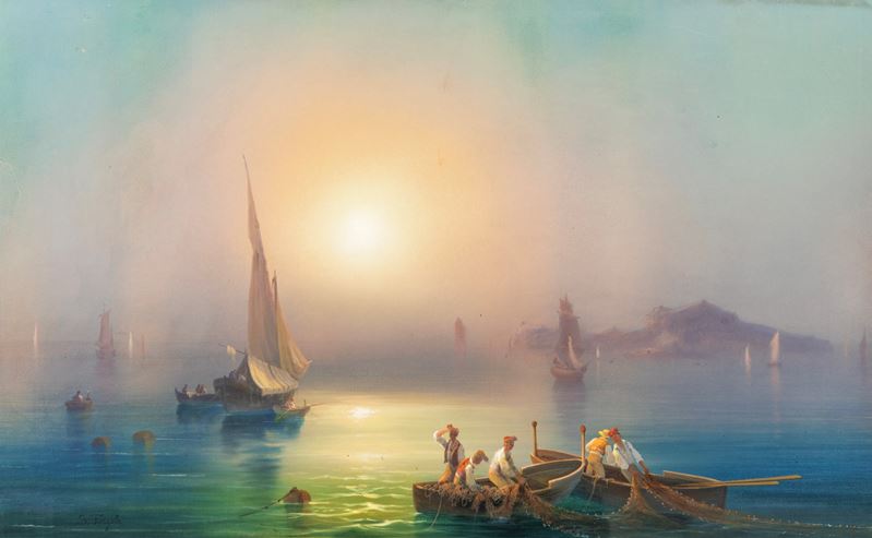 Salvatore Fergola - Marina con Barche e Pescatori