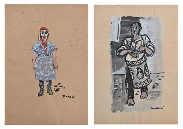 Orfeo Tamburi - Lotto di due bozzetti per costumi di scena (Tamburello e Santa Muerte)