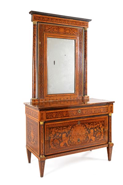 Cassettone in Noce Intarsiato con Specchiera En Suite, XIX Secolo